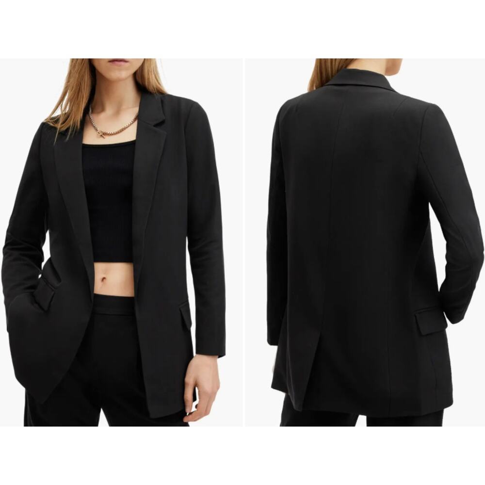 AllSaints Women's Aleida Black Long Open Front Notched Lapels Blazer Size 8